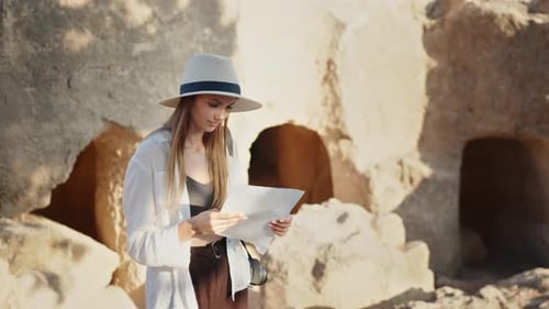 Portrait Woman in Summer Hat and Sunglasses Examining Ancient Columns