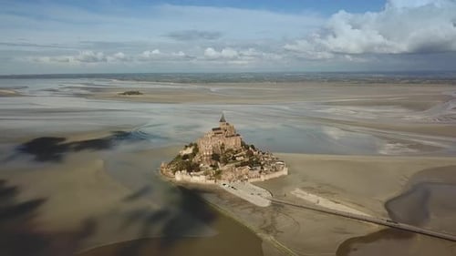 Aerial Drone View of Le Mont Saint Michel Iconic Island and Monastery at Suny Day Normandy France