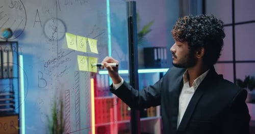 Empresario musulmán en traje que hace recordatorios en notas adhesivas y los fija en una pizarra de vidrio