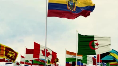 Waving Ecuador Flag Surrounded by Diverse International Flags