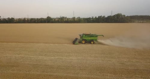 Green Harvester Harvests Wheat On A Large Field In The Evening