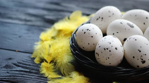 Whole Chicken Eggs in a Nest on a Black Rustic Wooden Background. Easter Symbols