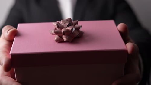 Hands Holding a Pink Gift Box With a Bow