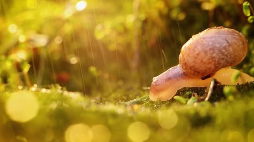 Close-up Wildlife of a Snail in Heavy Rain in the Sunset Sunlight.