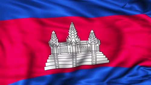 Waving Cambodian Flag with Angkor Wat Temple Emblem