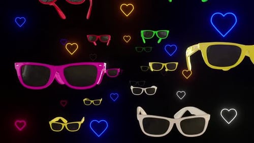 Neon Hearts and Floating Colorful Sunglasses Animation