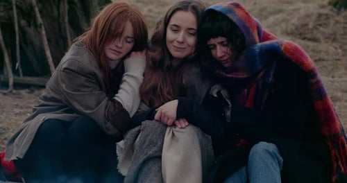 Sad Refugees Crying In Forest During War Problems