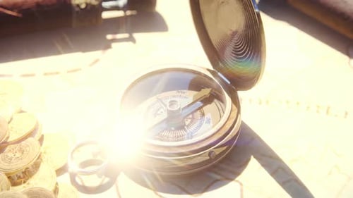 Animated Compass and Treasure Map with Gold Coins