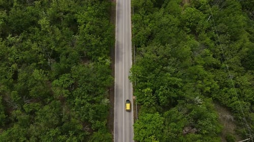 A Car Drives Down a Paved Road in a Mountainous Area That Cuts Through a Forest