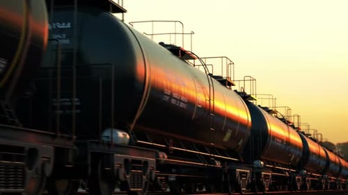 Freight Train Tanker Cars Moving at Sunset