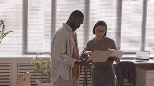 Two Multiethnic Colleagues Working on Laptop in Office