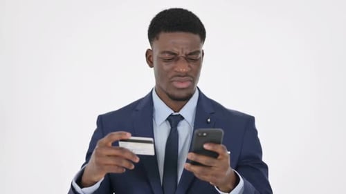 Online Shopping Failure on Smartphone By Man on White Background