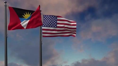Waving Flags of Antigua and Barbuda and the USA