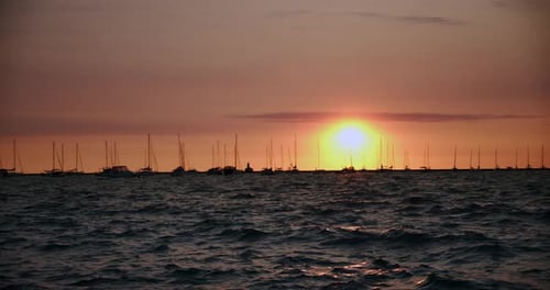 Sunset Dock Pier, Boats and Yachts Movement in Water in Sunset Slow Motion
