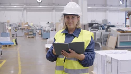 Middle Aged Female Factory Employee Looking at Camera