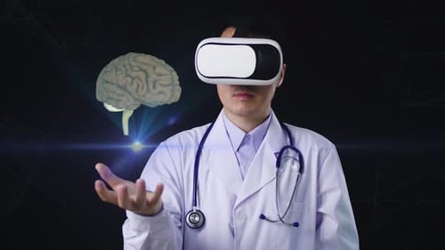 Man with VR Headset Examines Holographic Brain
