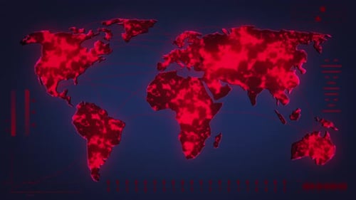 Global Data Network Animation with Glowing Red World Map and UI
