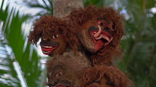 Balinese Wood Masks Made of Old Coconuts Hanging on a Palm Tree. Balinese Culture Concept
