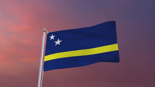 Curaçao Flag Waving Loop Against Sunset Sky