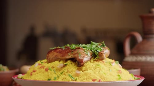 Roasted Chicken Leg on Bed of Yellow Rice
