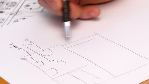 Handzeichnungsplan der Person auf Blaupause. Nahaufnahme