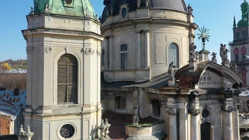Aerial Video of Dominican Church in Central Part of Old City of Lviv, Ukraine