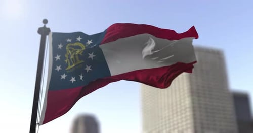 Realistic Georgia State Flag Waving in Wind with Cityscape Background
