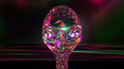 Faceted Alien Head Reveal with Vibrant Rainbow Crystal Effect