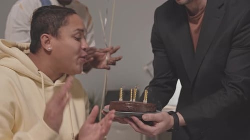 Employees Congratulating Colleague on Birthday in Office