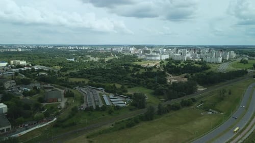 City block. The railway line and motorway pass nearby. Aerial photography.