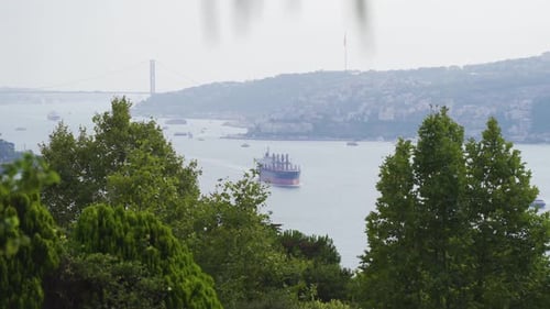 The big ship passing through the Bosphorus.