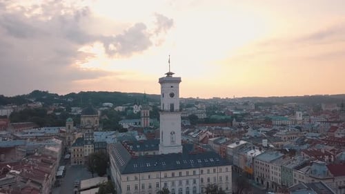 Aerial City Lviv, Ukraine. European City. Popular Areas of the City. Town Hall