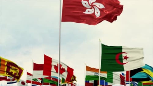 Waving Hong Kong Flag Among Global Nations in a Modern Style