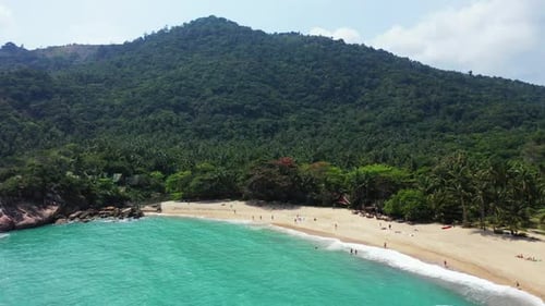 Aerial drone view landscape of tranquil tourist beach time by blue water with white sand background