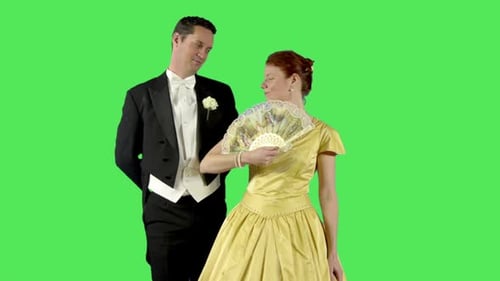 Elegant Couple in Vintage Formalwear on Green Screen