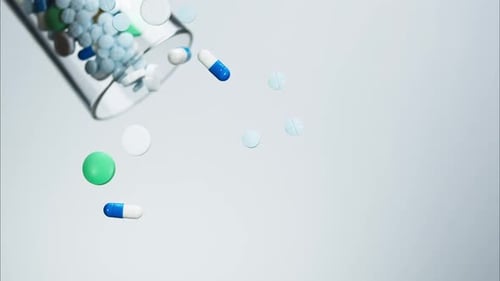 Falling Coloured Medicine Tablets From Glass on White Background Shooting of Fallen Green and Blue