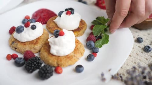 Pancakes For Breakfast With Fresh Berries. Closeup.