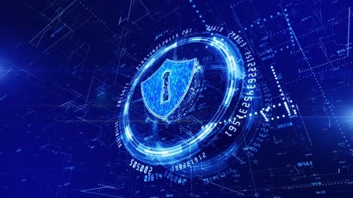 Cyber Security Shield with Digital Data Protection Loop