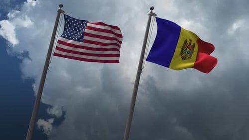 Waving Flags Of The United States And The Moldova 4K