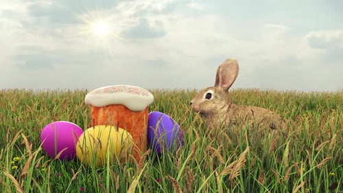 Osterhase in der Nähe von Eiern und Osterbrot auf dem Rasen. Fest der Ostern und Auferstehung.