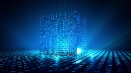 Futuristic Digital Data Cube with Flowing Information Background