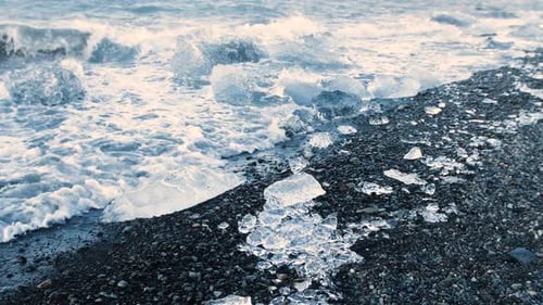 Ocean Waves Crashing on Ice at Beach