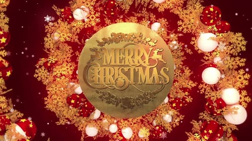 Golden Merry Christmas Text Reveal with Festive Ornaments