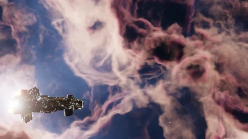 Futuristic Spaceship Flying Through Nebula in Deep Space