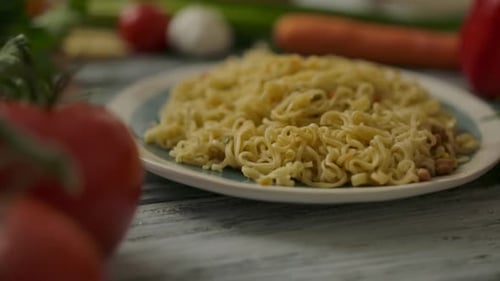 Plate of Noodles with Fresh Vegetables Still Life