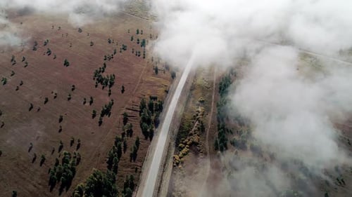 Aerial Panoramic View of an Intercity Road Between Green Trees with White Fog Clouds Over It