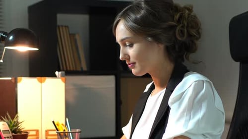 Businesswoman Sitting At Her Workplace In Office And Working At Laptop