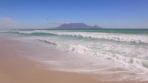 Travel drone Table Mountain, Table Bay, kiteboarders, Bloubergstrand, Cape Town, South Africa.