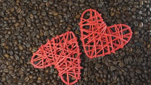 Coffee Beans with Two Red Woven Hearts