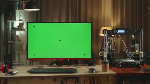 3D Printer And Personal Computer With Mock Up Green Screen Display In Home Office